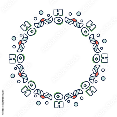 Christmas wreath. Cute circular frame made of colorful holiday icons with outline. Vector illustration for winter designs, posters, stickers, invitations, and festive decorations