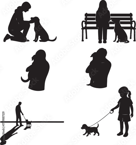  Human and Dog Silhouettes Diverse Scenes of Pet Care, Companionship, and the Loving Bond Between Owners and Their Canine Friends