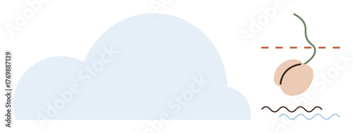 Light cloud shape beside sprouting seed just breaking soil surface with subtle waves. Ideal for growth, sustainability, agriculture, nature, environment, beginnings, and renewal. Minimal flat