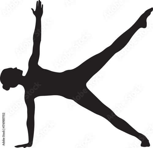 Dynamic silhouette of a woman performing a challenging side plank yoga pose, also known as Vasisthasana, showcasing balance, strength, and fitness on a white background.