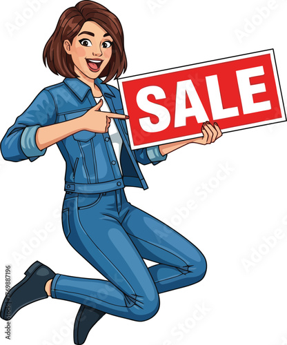 Excited woman in denim jumping with a red sale sign promotion retail shopping discount offer vector