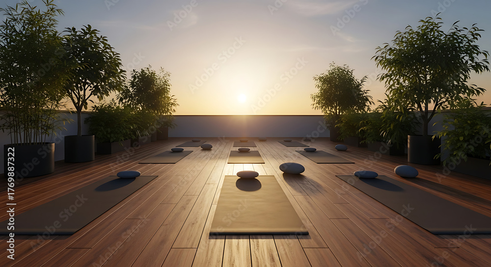 Obraz premium Yoga mats and meditation stones on a wooden rooftop terrace at sunset with potted trees and plants around