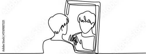 Self-reflection illustration, person and mirror, black and white line drawing, continuous line art, introspection sketch, minimalist identity concept