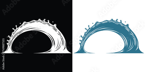 Dynamic ocean wave illustration with splashing water in black and white versions