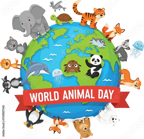 Cute animals circumnavigating planet earth celebrating world animal day with joy and diversity vector