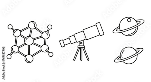 Outline icon set for science exhibitions, featuring a molecule model, a telescope on a tripod, and two planet models with rings, representing scientific discovery, research, and space exploration in