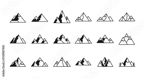 Vivid collection of vector mountain silhouettes, featuring a diverse set of black peaks, minimalist landscape symbols, and iconic logos perfect for hiking, travel, and outdoor adventure design