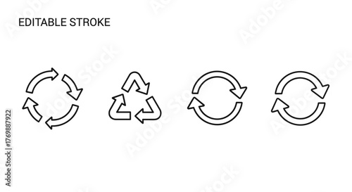 Set of four circular arrow icons representing refresh, restart, recycle, and rotation, including the universal recycling symbol, presented as thin line vector illustrations on a clean white