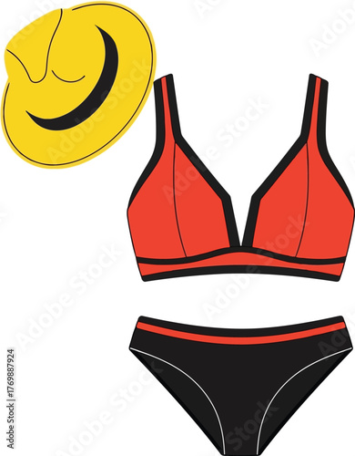 Red bikini and yellow sun hat summer beach vacation holiday clothing accessories fun vector