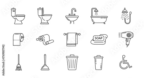 A comprehensive collection of clean line art icons representing essential bathroom and toilet fixtures, perfect for graphic design, web development, app interfaces, and advertising materials