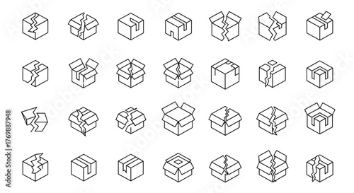 Collection of broken box line icons, representing damaged packaging and shipping issues. This set includes various states of opened, closed, and cracked cardboard boxes, perfect for graphic design