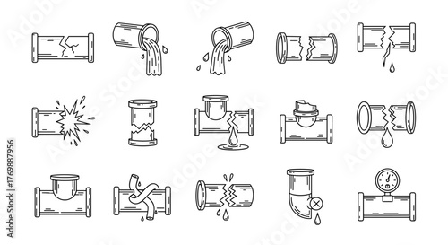 Collection of outline icons representing various broken pipe fittings and plumbing connections, suitable for graphic design, web, and print projects, presented as a vector cartoon illustration on a