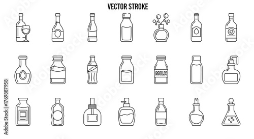 Collection of simple linear outline icons representing various bottles, including wine, milk, perfume, and laboratory flasks, suitable for web, books, cards, and apps, presented as editable stroke