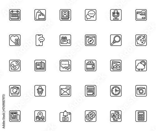 Home Screen Apps icon set. Minimal vector icons pack Includes Calendar, Shoppig, Contacts, Podcast, Weater, Camera, Music, Maps an more. Editable stroke.