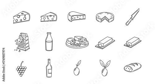Minimalistic outline icons of food and drink items, including various cheeses, a grater, bottles, olives, grapes, bread, and a knife, presented on a black background, perfect for web and graphic