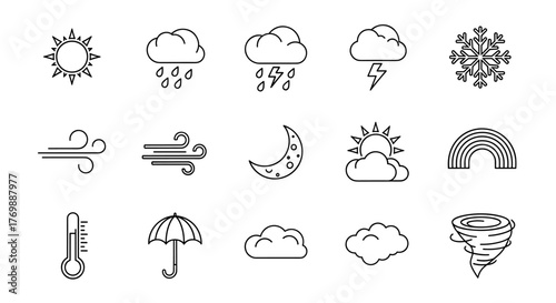 Bundle of Weather-Related Line Icons: Rain Outline Signs for Graphic and Web Design, Apps, Advertisements, Various Cards, Vector Cartoon Illustration with a Sun, Snowflake, Rainbow, Thermometer