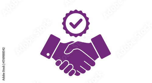 A purple handshake icon with a quality badge a striking silhouette