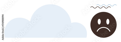 Sad face next to cloud with wavy lines symbolizing stress, worry, and overwhelm. Ideal for mental health awareness, emotional wellness, mood disorders, stress management, anxiety, depression simple
