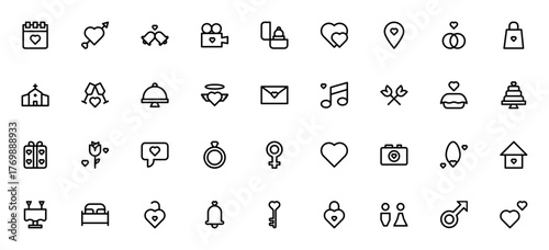 Wedding vector icon set. Couple_7351 linear icons pak. Includes symbols for loe, wedding ring, cake, chael, gift, music, romance ad more. Editable stroke.