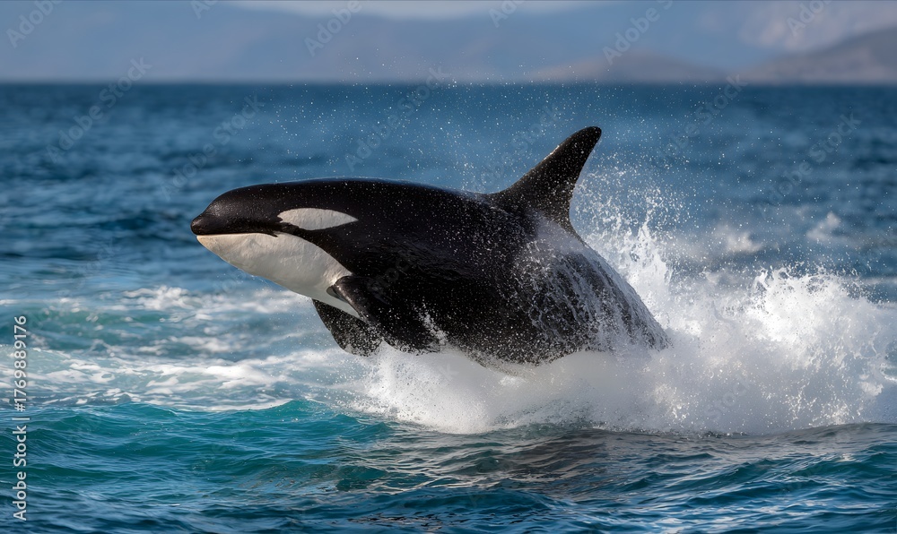 Fototapeta premium majestic orca breaching high out of the ocean