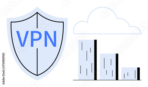 Shield labeled VPN alongside cloud and descending bar graph indicating online security, data privacy, cloud storage, analytics, cybersecurity, efficiency, and reliability. Ideal for technology