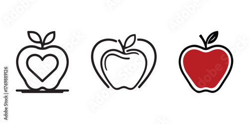 Apple with heart outline vector icon set, healthy eating