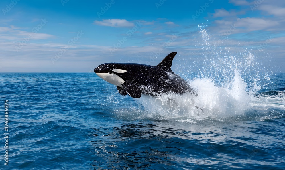 Fototapeta premium majestic orca breaching high out of the ocean