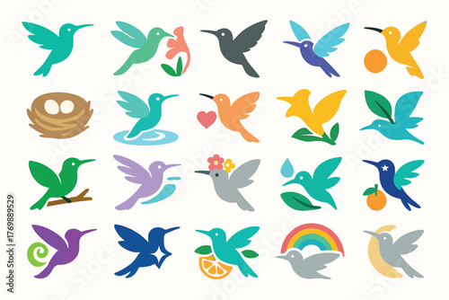 Colorful Hummingbird and Nature Icons Collection