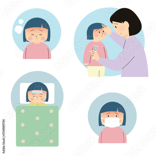 熱を出した子どものイラストセット