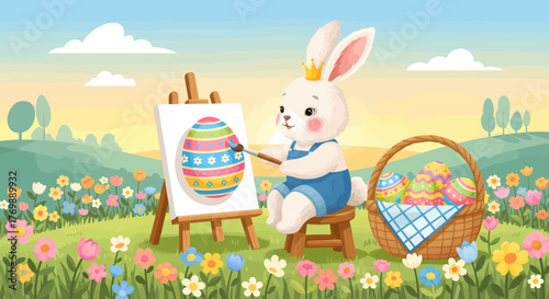 Charming White Rabbit King Decorating Vibrant Easter Eggs in a Spring Flower Field Illustration