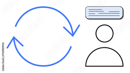 Circular arrows indicating process flow, human figure, and text block symbolizing feedback. Ideal for data exchange, learning, user insight, improvement, engagement, communication simple flat