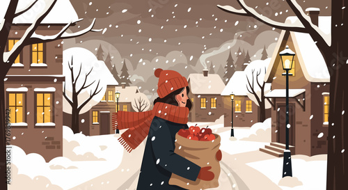 Woman Carrying Apples Through a Charming Snow-Covered Village Street During a Gentle Winter Snowfall