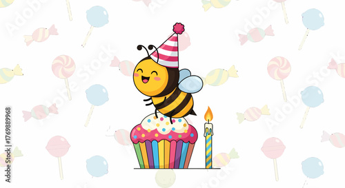 Cute cartoon bee celebrating birthday with a cupcake and party hat, whimsical illustration