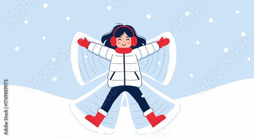 Joyful Snow Angel Child Having Fun in Winter Season Creating Wings in Snowy Landscape