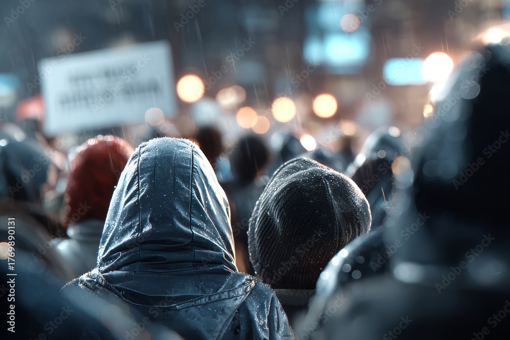 Obraz premium A group of people in raincoats gathered in a rainy setting, with some holding signs.