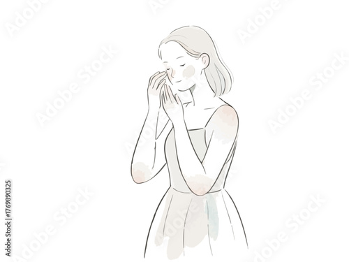 あなた:
Illustration of a woman doing makeup and skincare. Cosmetics. Beauty. Getting ready. copy space