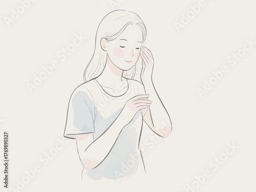 あなた:
Illustration of a woman doing makeup and skincare. Cosmetics. Beauty. Getting ready. copy space