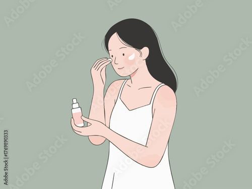 あなた:
Illustration of a woman doing makeup and skincare. Cosmetics. Beauty. Getting ready. copy space