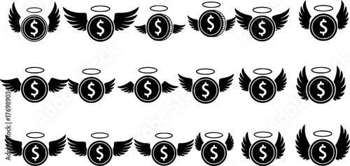 Angelic Dollar Coin Icons with Wings and Halos
