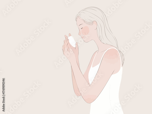 あなた:
Illustration of a woman doing makeup and skincare. Cosmetics. Beauty. Getting ready. copy space