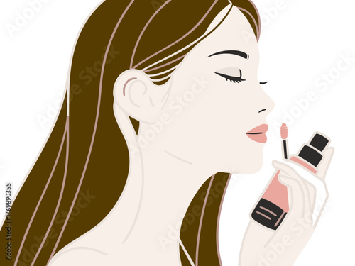 あなた:
Illustration of a woman doing makeup and skincare. Cosmetics. Beauty. Getting ready. copy space