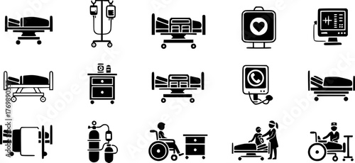 Hospital Bed Icons: Medical Equipment and Patient Care Illustrations
