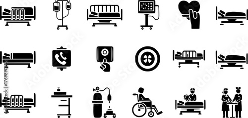 Hospital Bed Icons: Medical Equipment and Patient Care Illustrations
