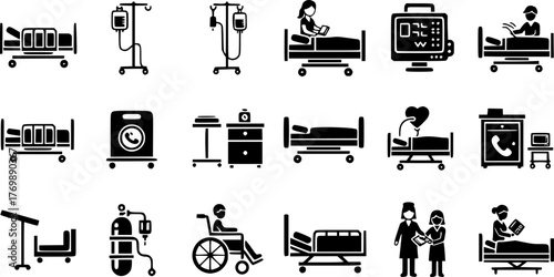 Hospital Bed Icons: Medical Equipment and Patient Care Illustrations
