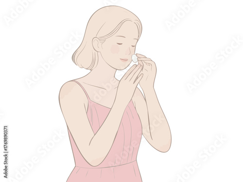 あなた:
Illustration of a woman doing makeup and skincare. Cosmetics. Beauty. Getting ready. copy space