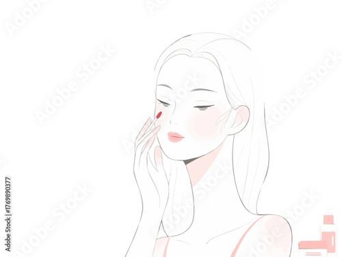 あなた:
Illustration of a woman doing makeup and skincare. Cosmetics. Beauty. Getting ready. copy space