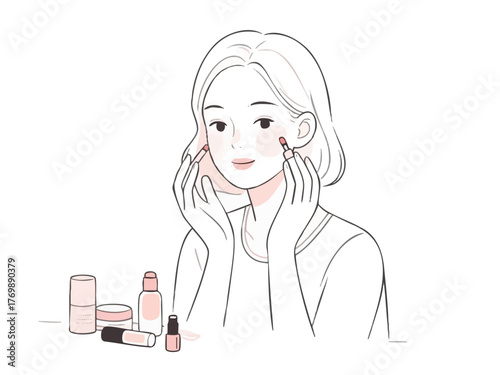 あなた:
Illustration of a woman doing makeup and skincare. Cosmetics. Beauty. Getting ready. copy space