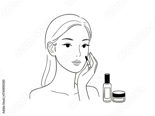 あなた:
Illustration of a woman doing makeup and skincare. Cosmetics. Beauty. Getting ready. copy space