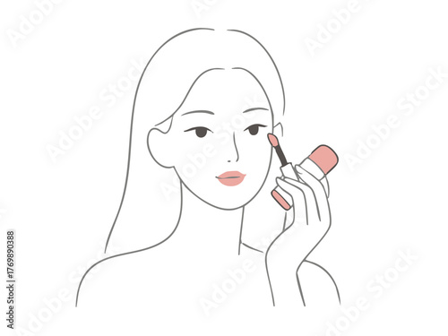 あなた:
Illustration of a woman doing makeup and skincare. Cosmetics. Beauty. Getting ready. copy space