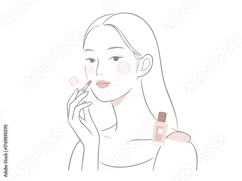 あなた:
Illustration of a woman doing makeup and skincare. Cosmetics. Beauty. Getting ready. copy space